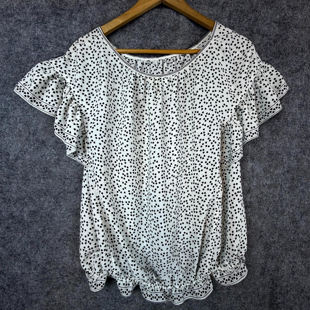 Unbranded Blouse Womens L White Polka Dot Ruffle Boho Short Sleeve Top